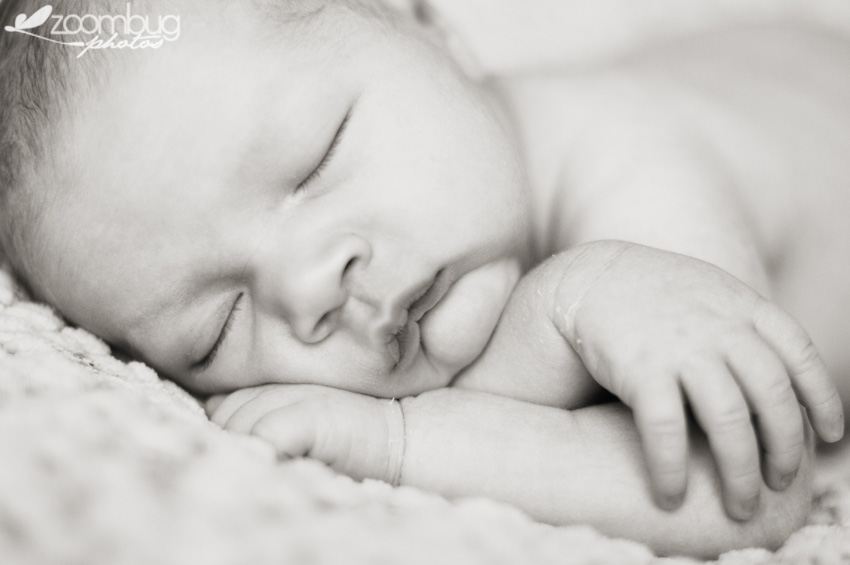 face close up of newborn girl in black and white