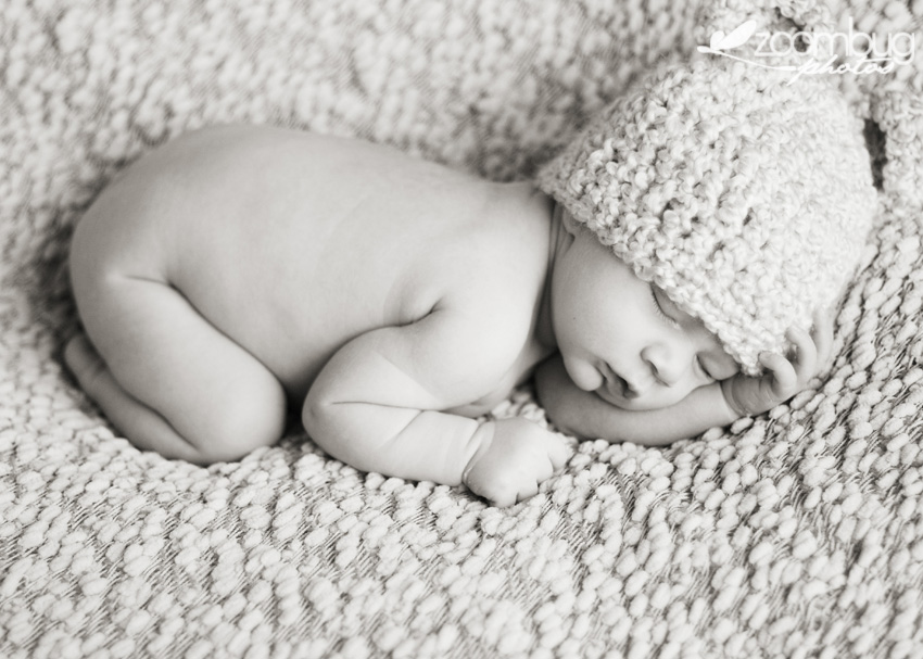 snug as a bug, sleeping baby in black and white