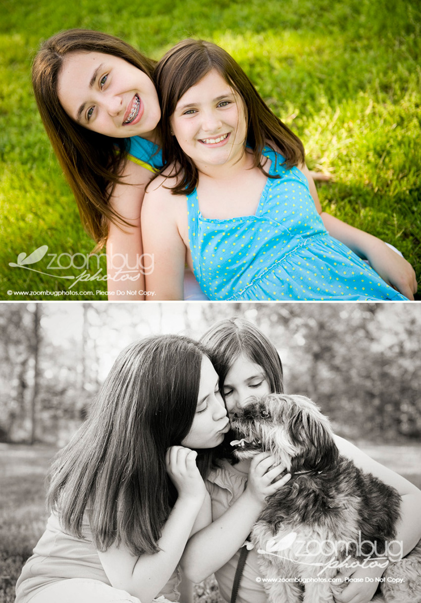 tween sisters on horse farm with pet dog
